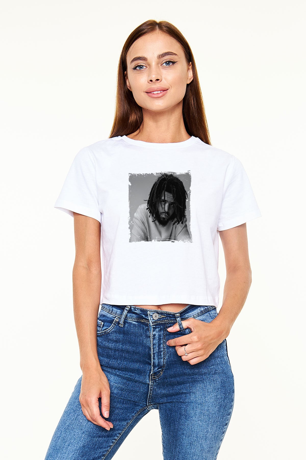 J. Cole Baskılı Beyaz Kadın Crop Top Tişört