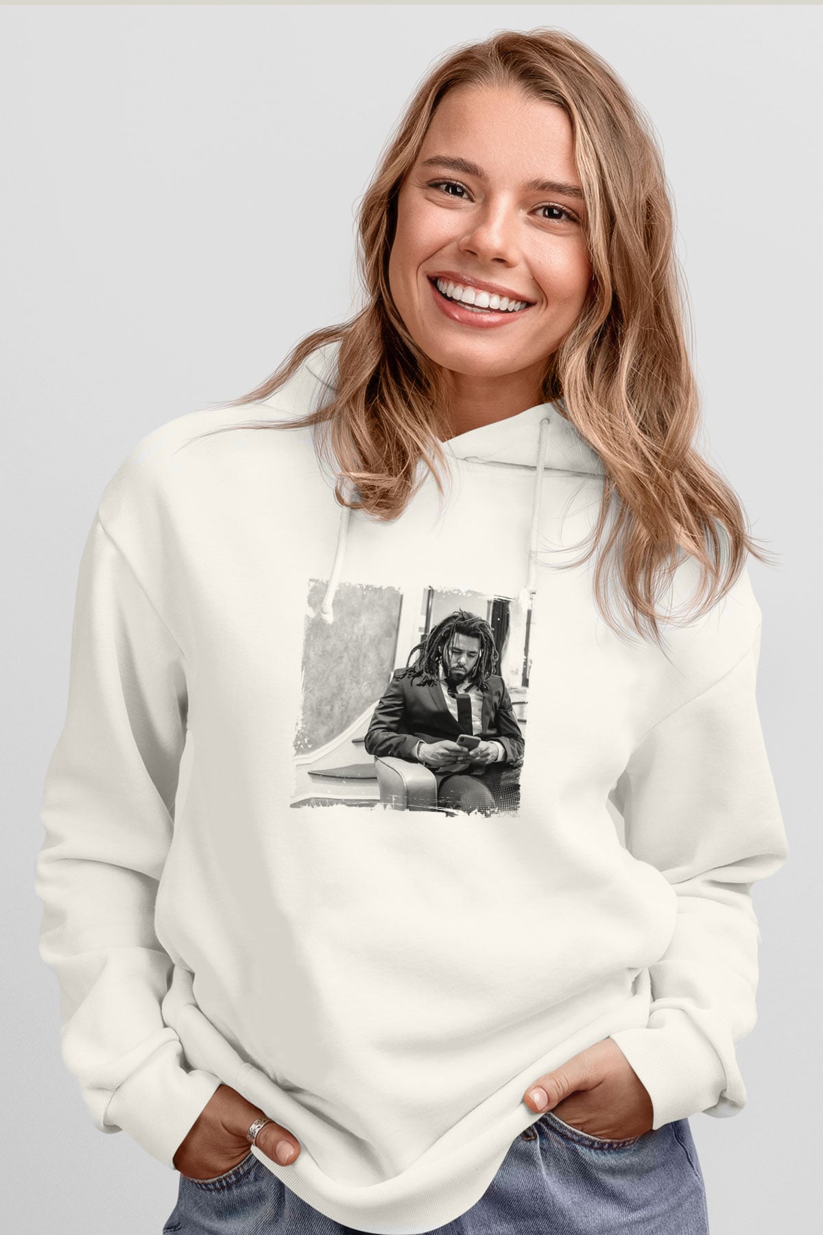 J. Cole Baskılı Unisex Beyaz Kapüşonlu Sweatshirt