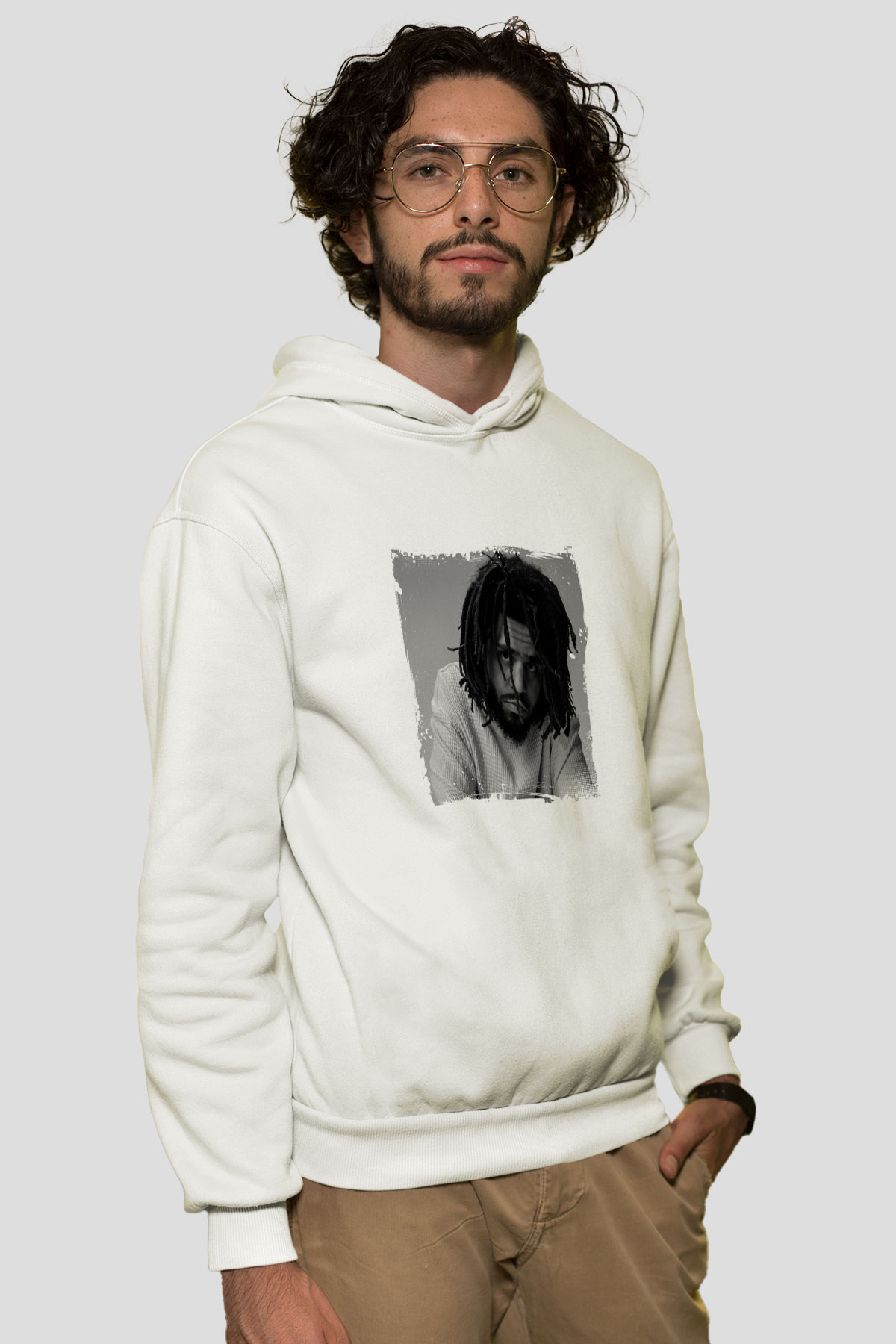 J. Cole Baskılı Unisex Beyaz Kapüşonlu Sweatshirt