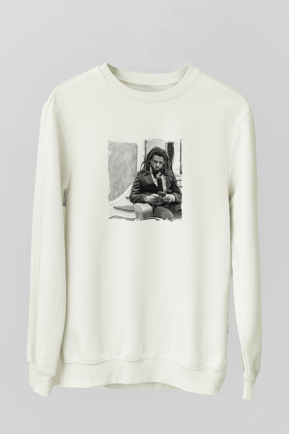J. Cole Baskılı Unisex Beyaz Sweatshirt