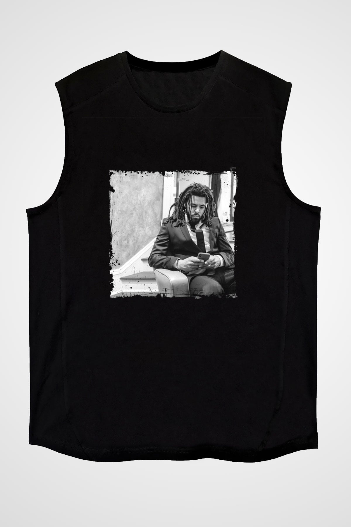 J. Cole Baskılı Unisex Siyah Kolsuz Tişört