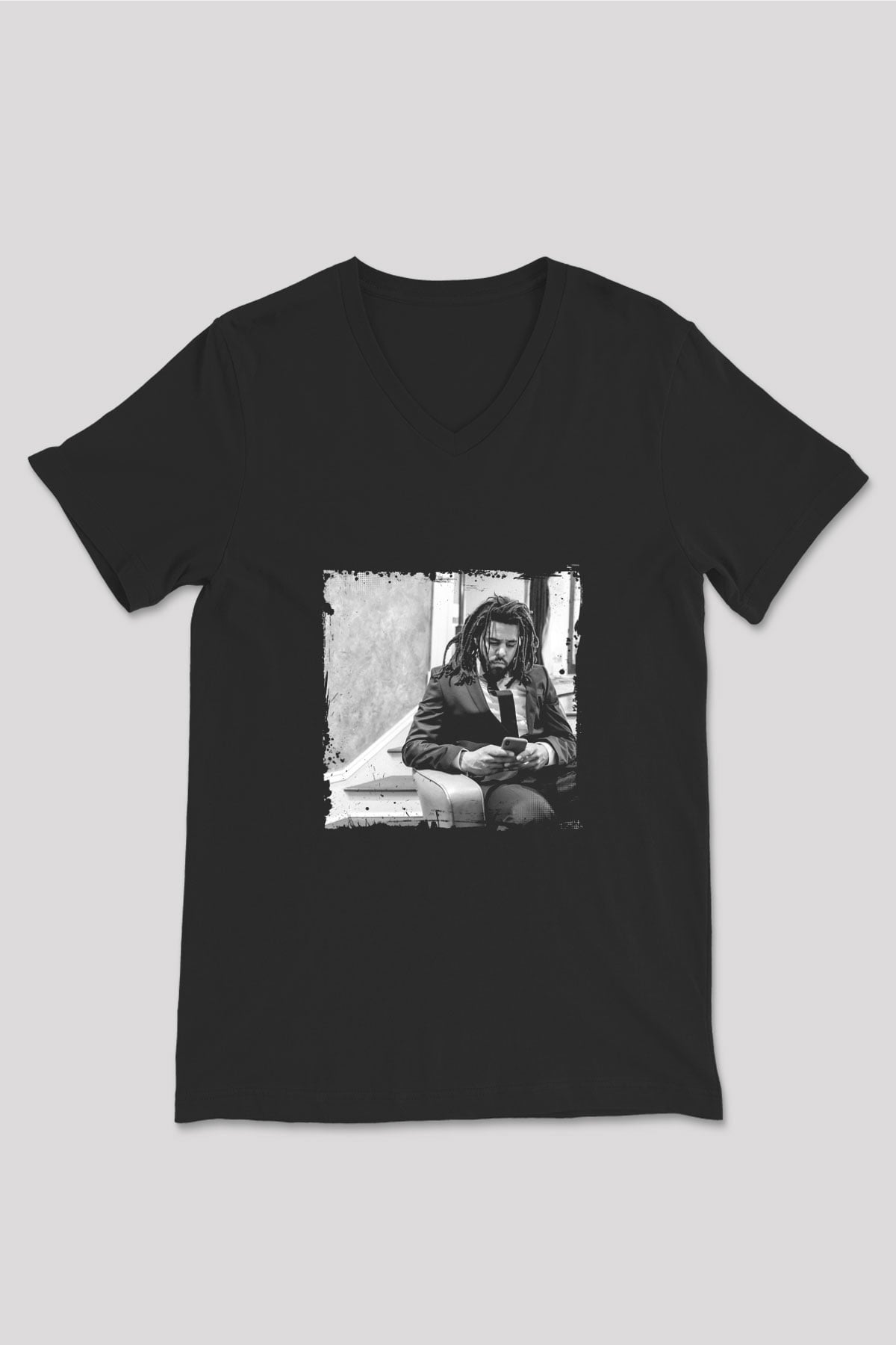 J. Cole Baskılı Unisex Siyah V Yaka Tişört