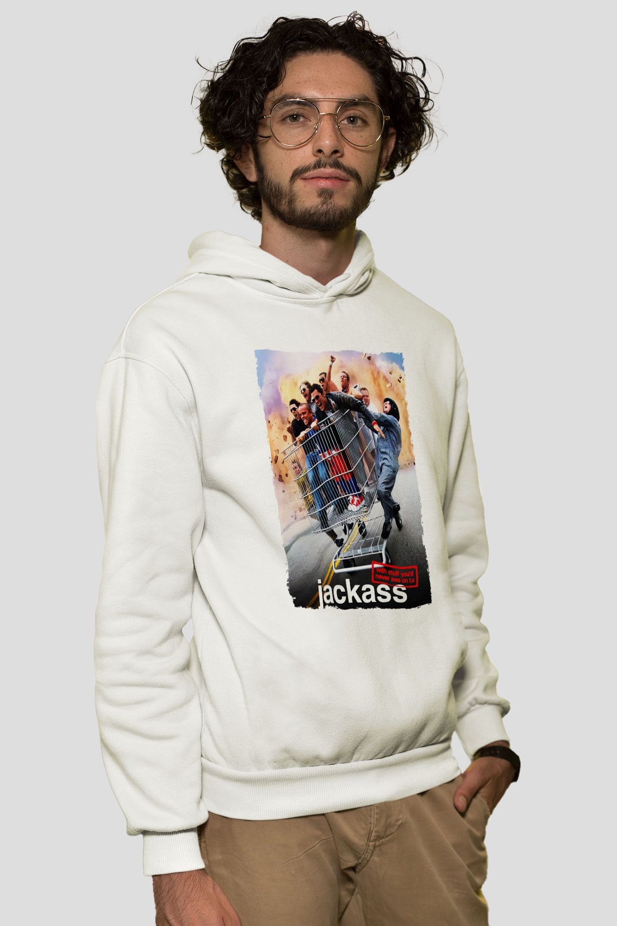 Jackass Beyaz Unisex Kapşonlu Sweatshirt