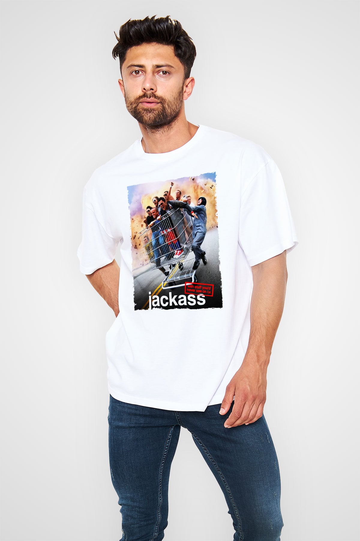 Jackass Beyaz Unisex Oversize Tişört T-Shirt