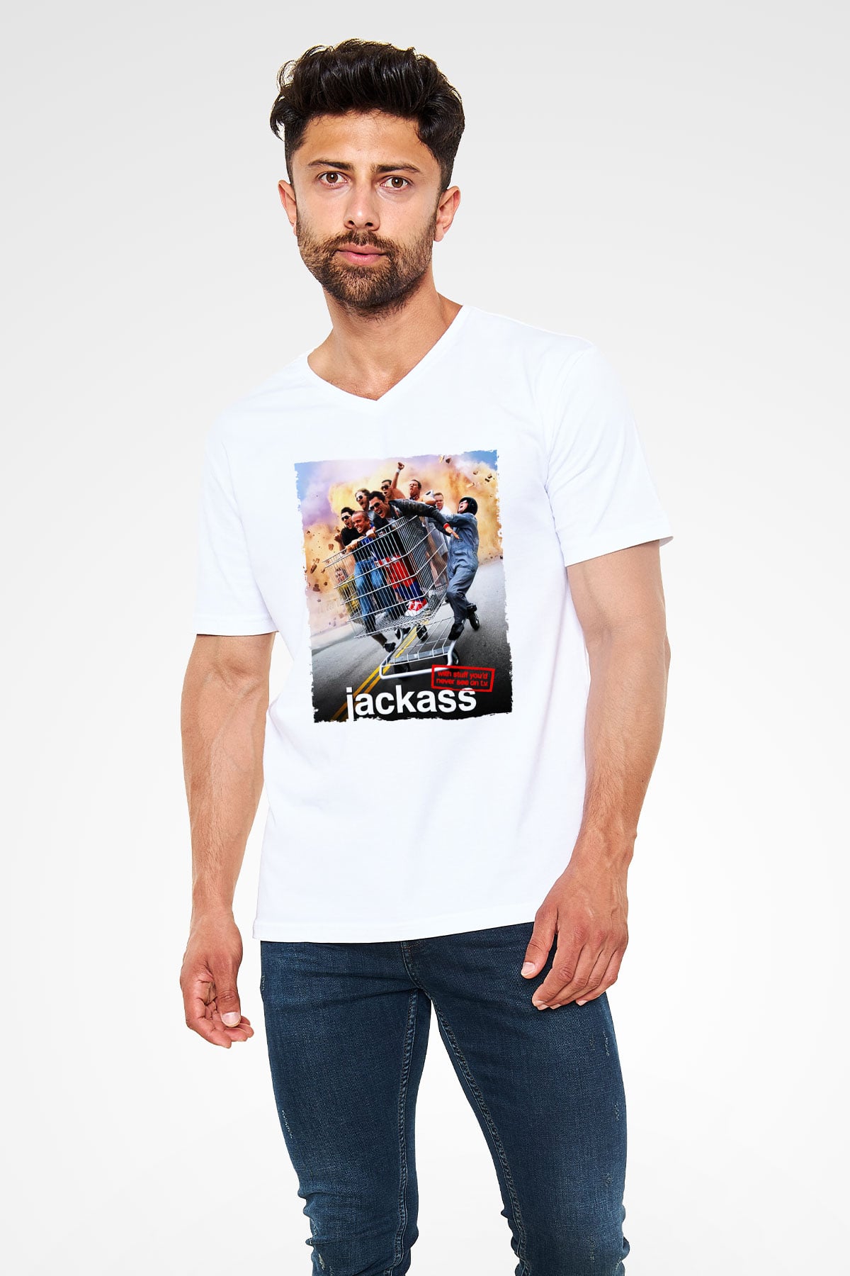 Jackass Beyaz Unisex V Yaka Tişört T-Shirt
