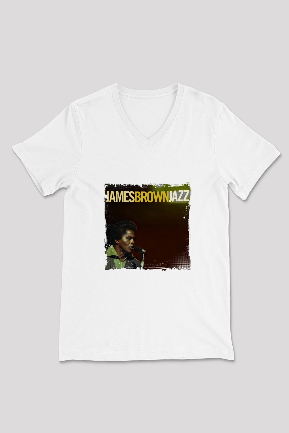 James Brown Baskılı Beyaz V Yaka Unisex Tişört