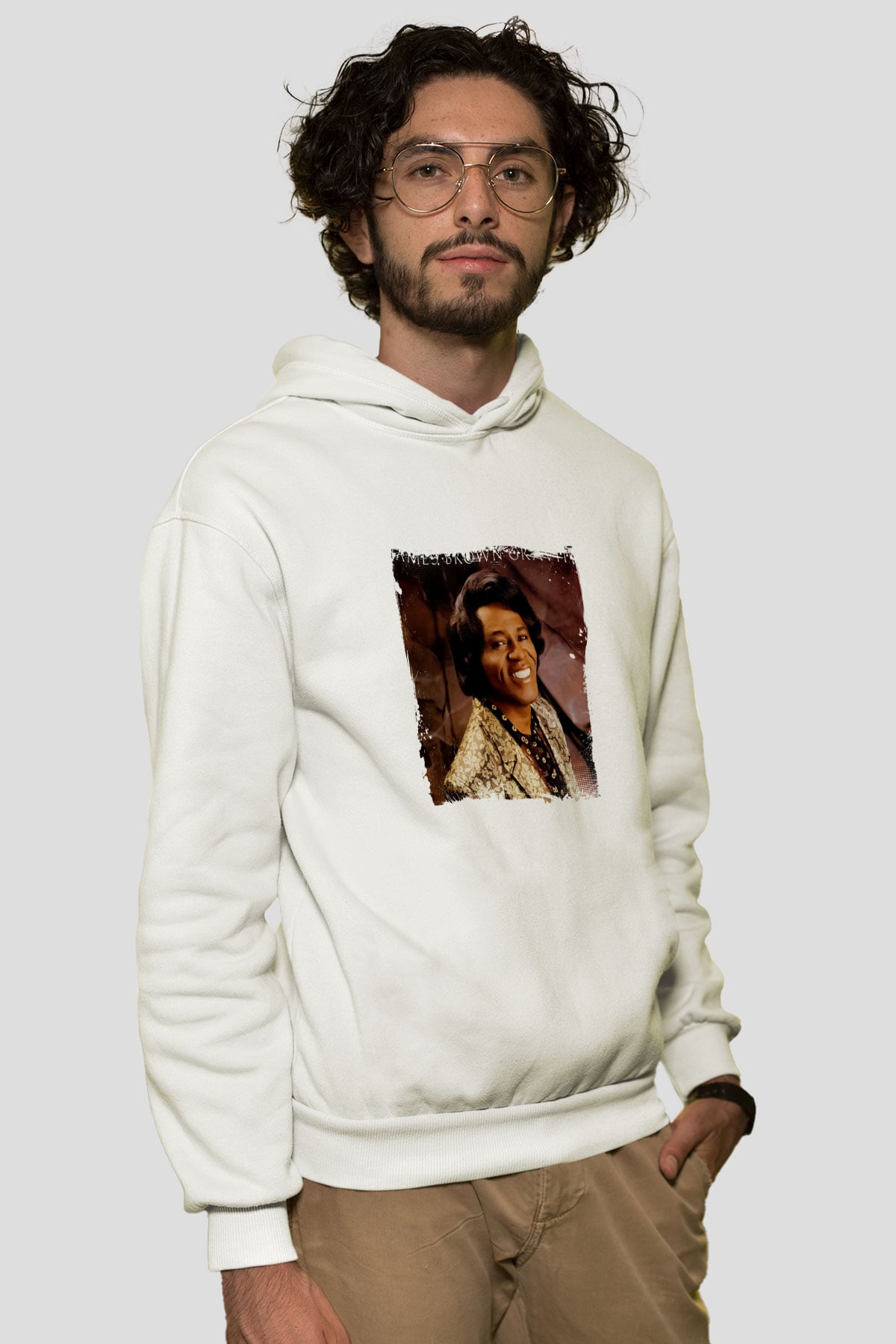 James Brown Baskılı Unisex Beyaz Kapüşonlu Sweatshirt