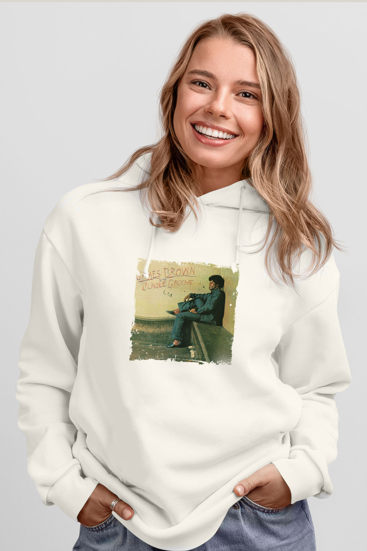 James Brown Baskılı Unisex Beyaz Kapüşonlu Sweatshirt