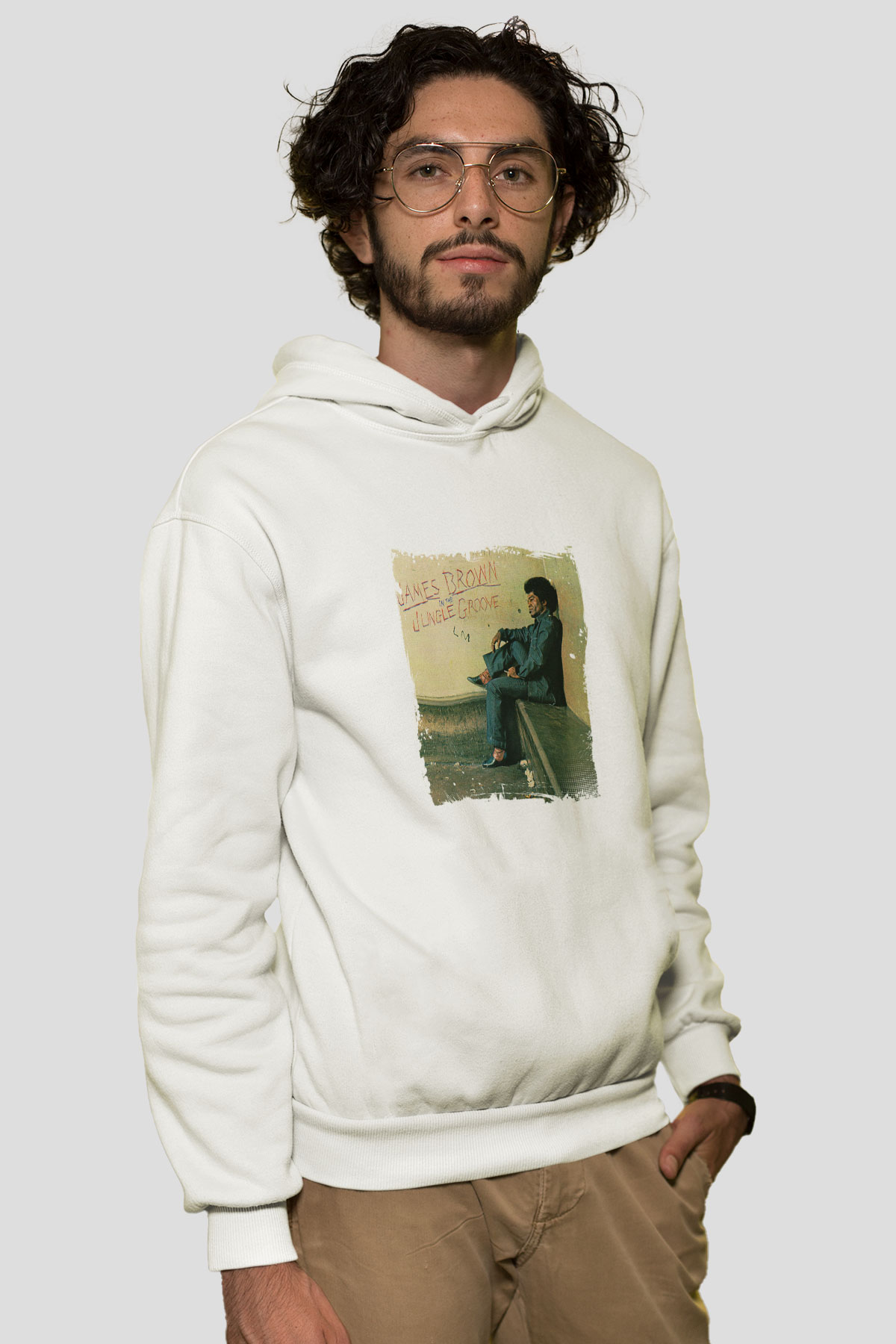 James Brown Baskılı Unisex Beyaz Kapüşonlu Sweatshirt