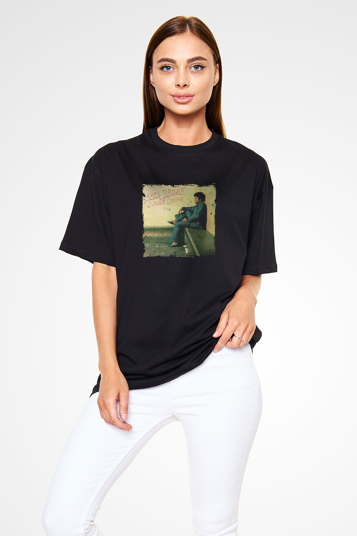 James Brown Baskılı Unisex Oversize Siyah Tişört