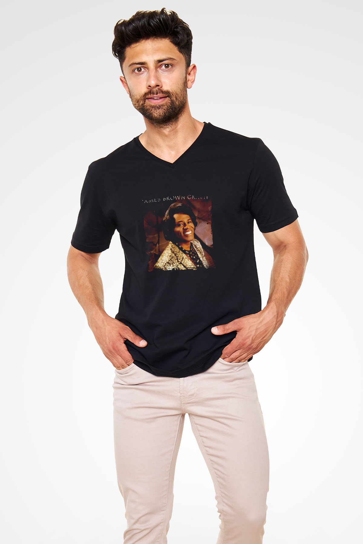 James Brown Baskılı Unisex Siyah V Yaka Tişört