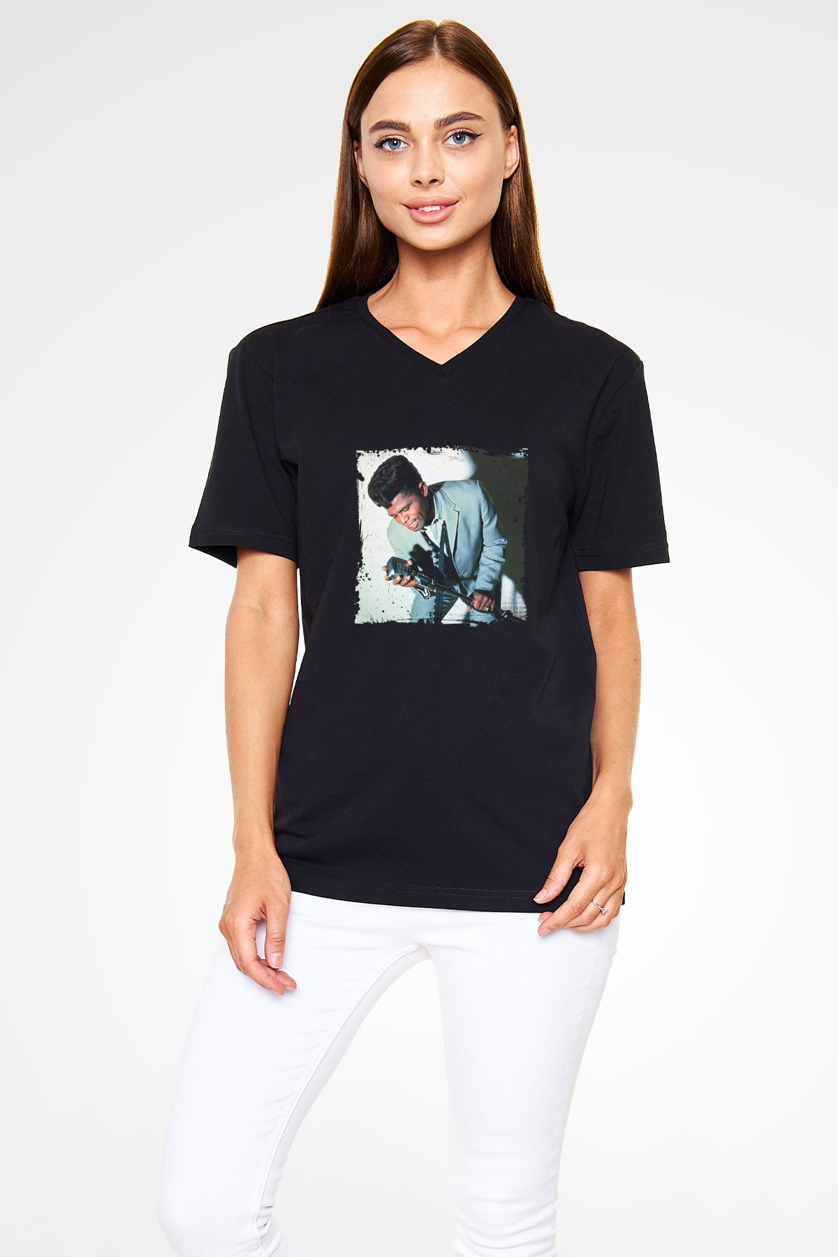 James Brown Baskılı Unisex Siyah V Yaka Tişört