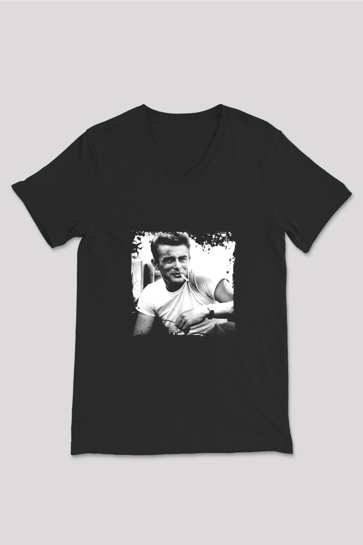 James Dean Baskılı Unisex Siyah V Yaka Tişört