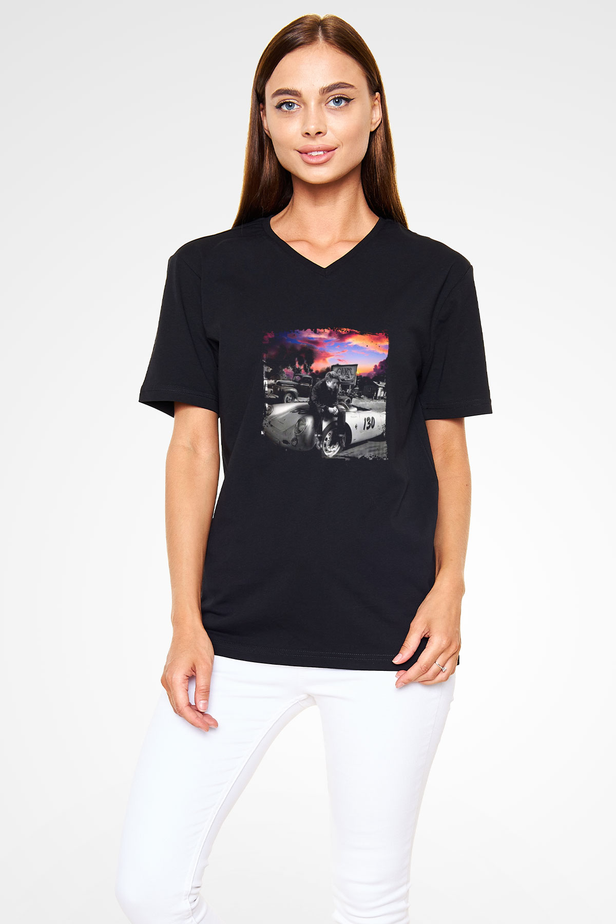 James Dean Baskılı Unisex Siyah V Yaka Tişört