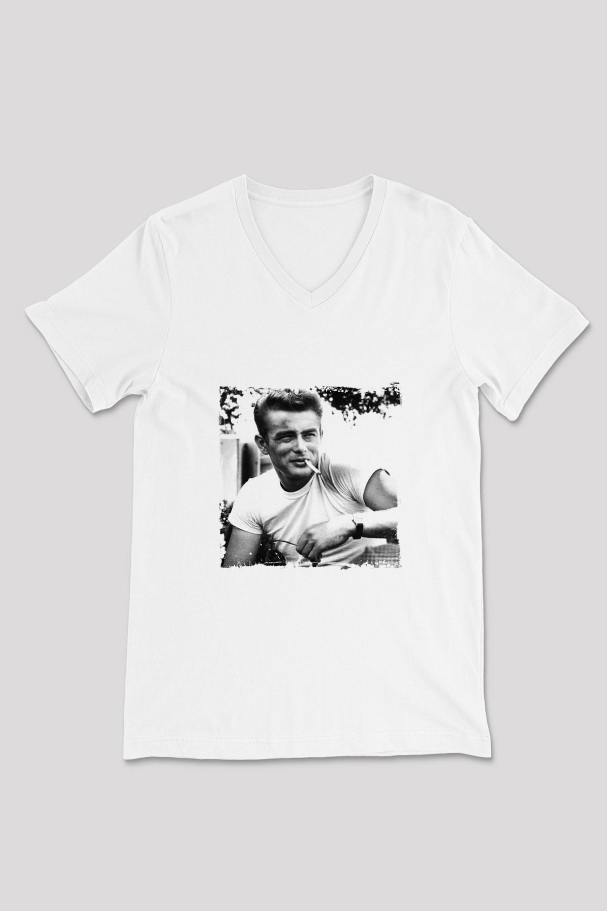 James Dean Baskılı V Yaka Unisex Beyaz Tişört