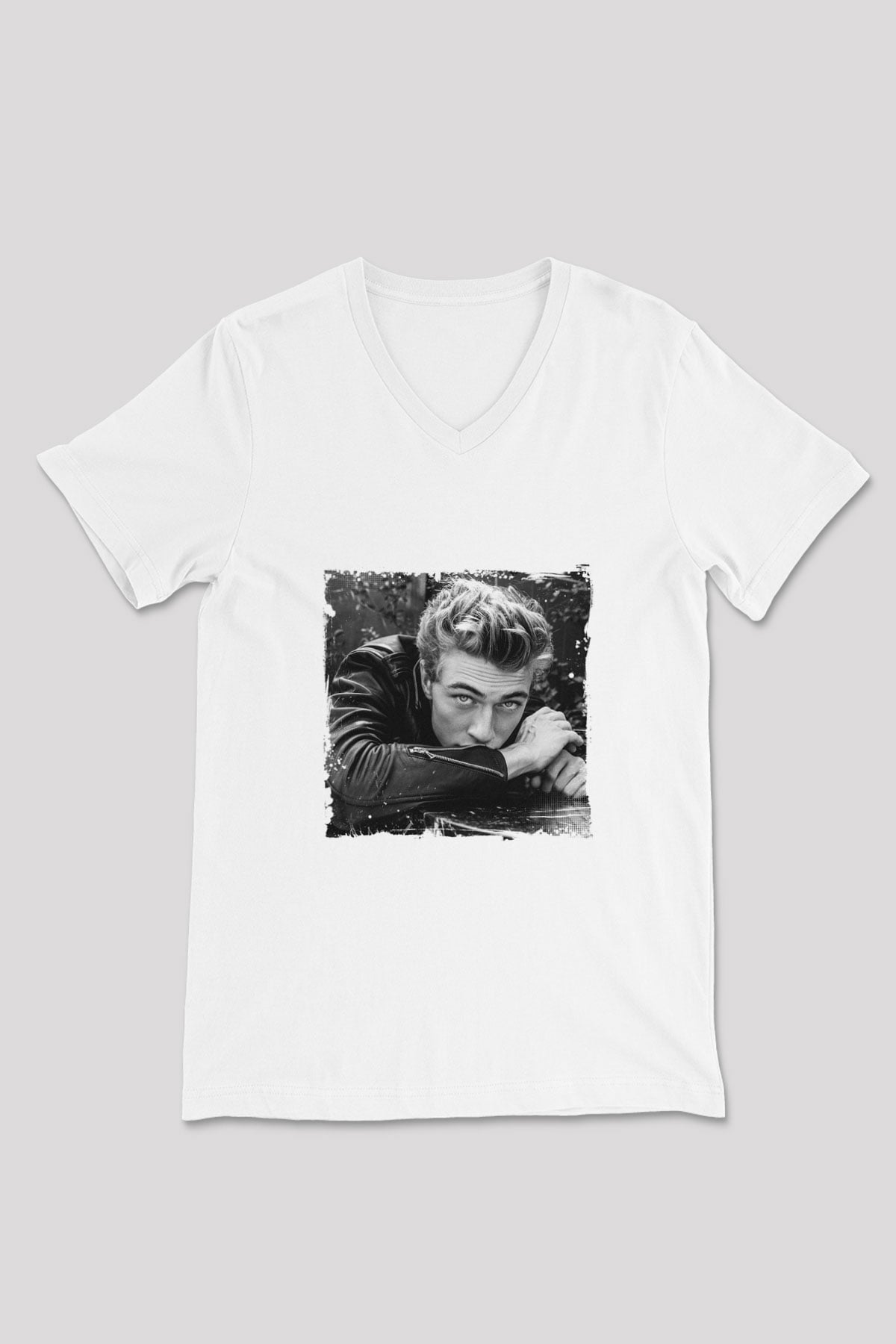 James Dean Baskılı V Yaka Unisex Beyaz Tişört