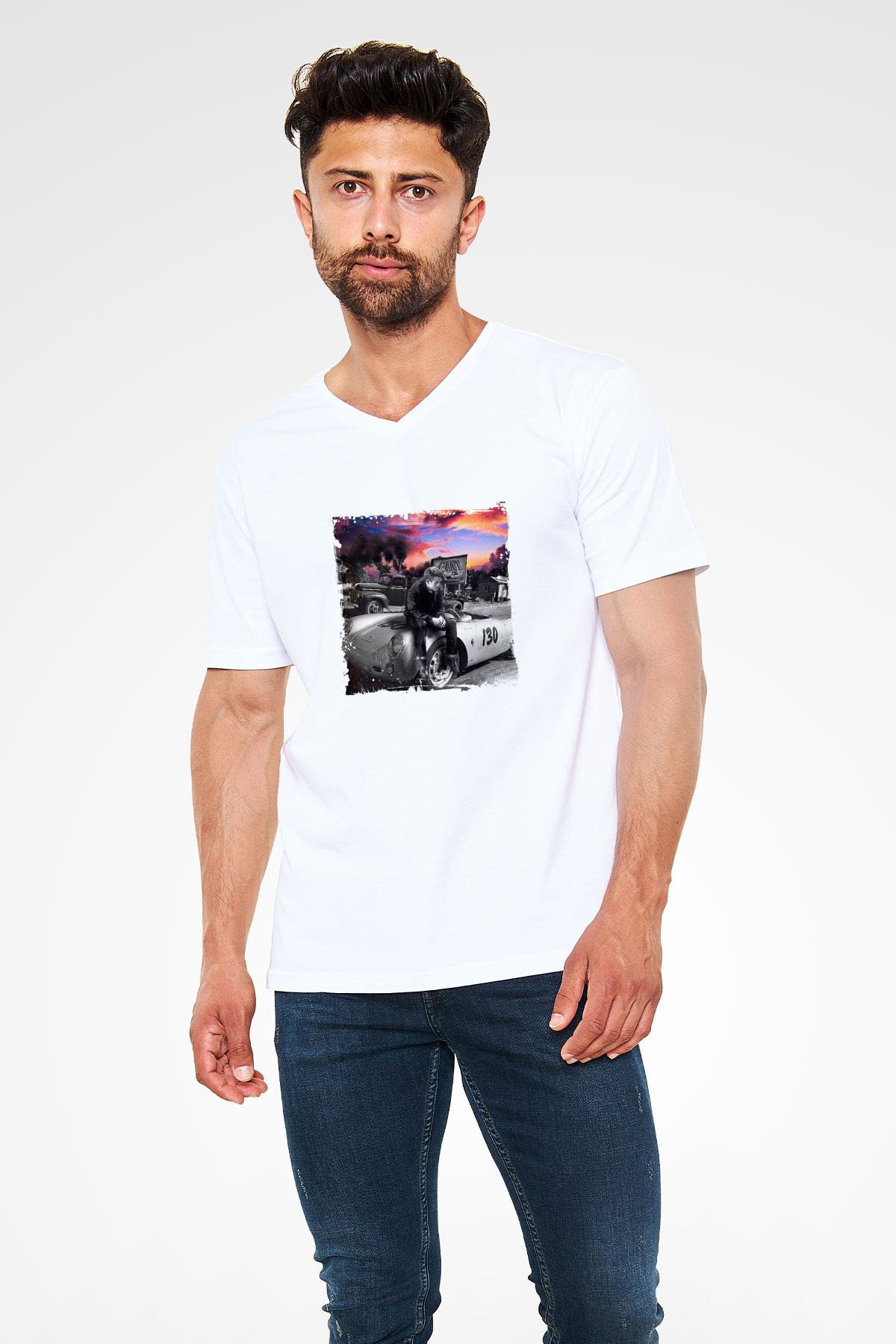 James Dean Baskılı V Yaka Unisex Beyaz Tişört