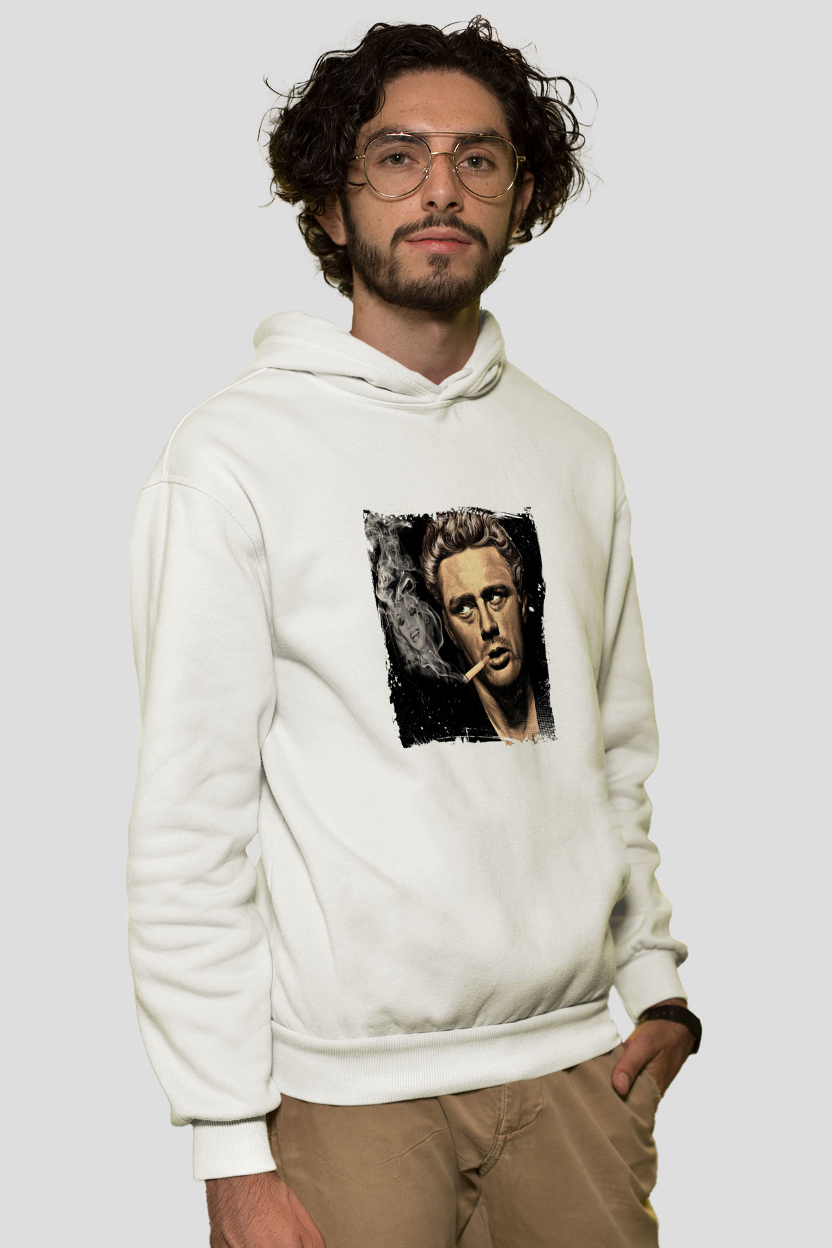 James Dean Unisex Baskılı Beyaz Kapüşonlu Sweatshirt