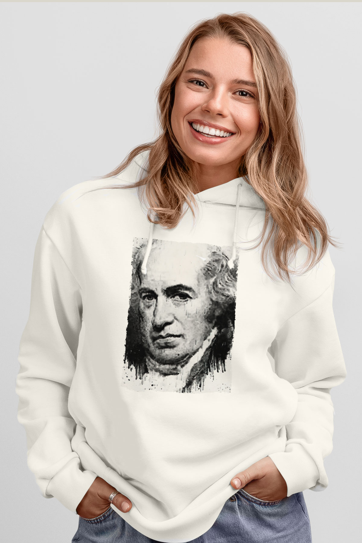 James Watt Baskılı Unisex Ekru Hoodie