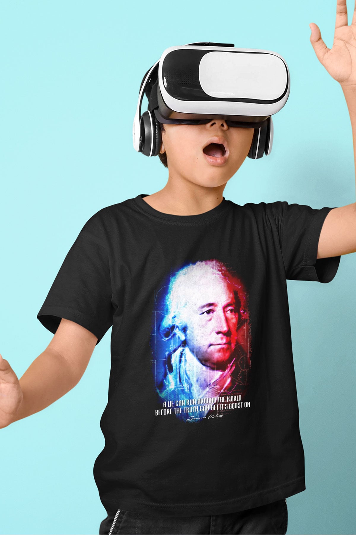 James Watt Portre Baskılı Unisex Siyah Çocuk Tişörtü - Tshirt