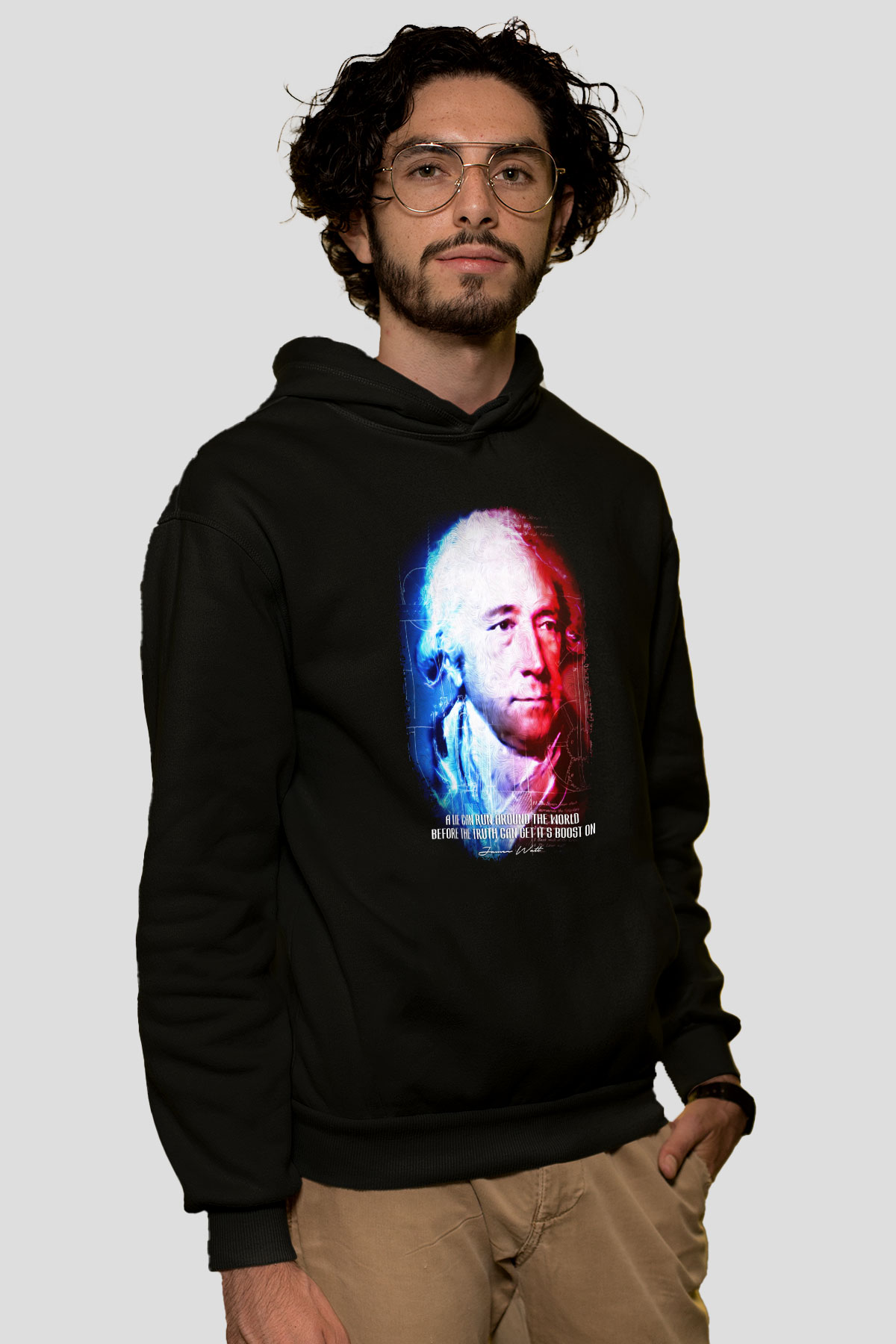 James Watt Portre Baskılı Unisex Siyah Hoodie