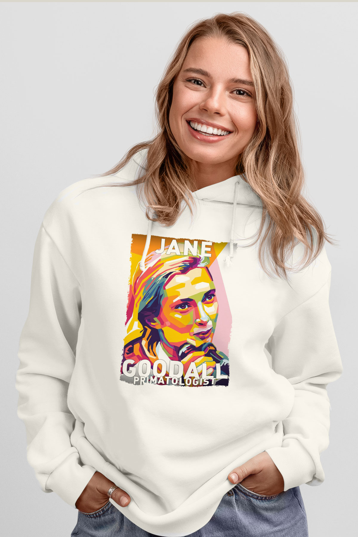 Jane Goodall Baskılı Unisex Ekru Hoodie
