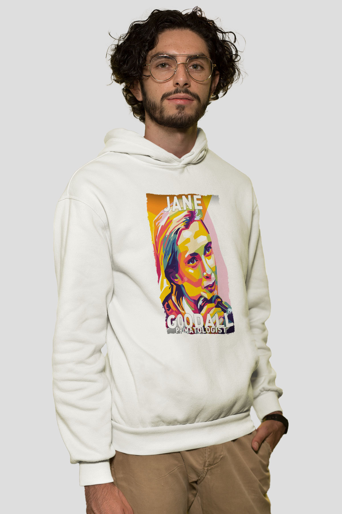 Jane Goodall Baskılı Unisex Ekru Hoodie