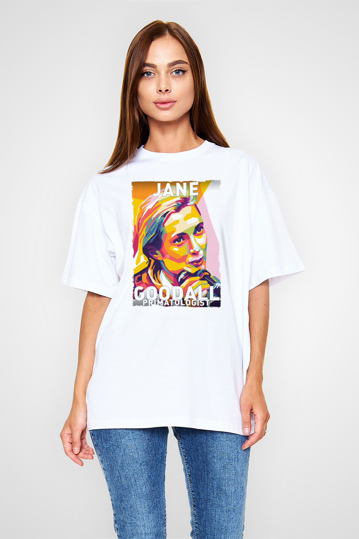 Jane Goodall Baskılı Unisex Oversize Beyaz Tişört - Tshirt