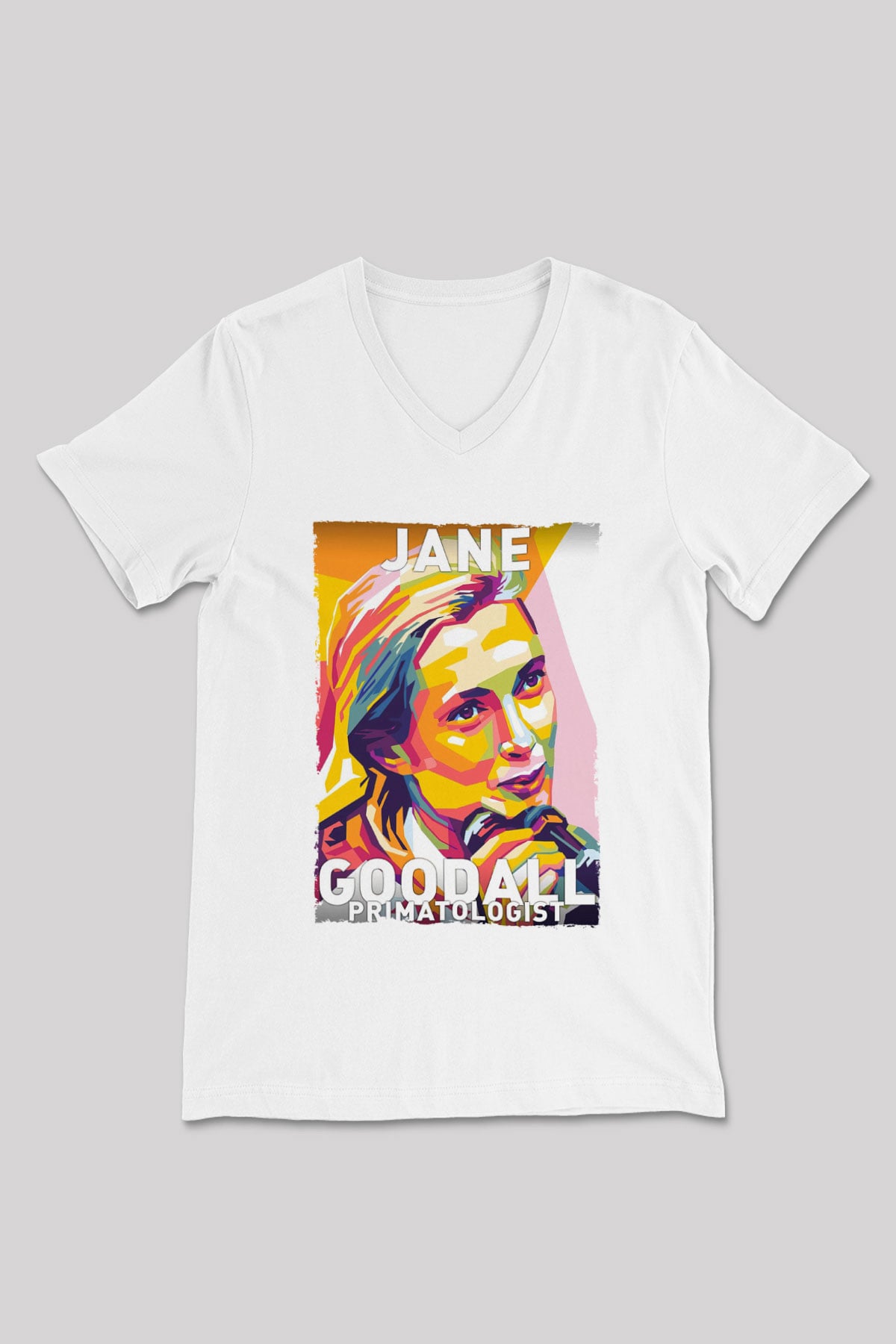Jane Goodall Baskılı Unisex V Yaka Beyaz Tişört - Tshirt