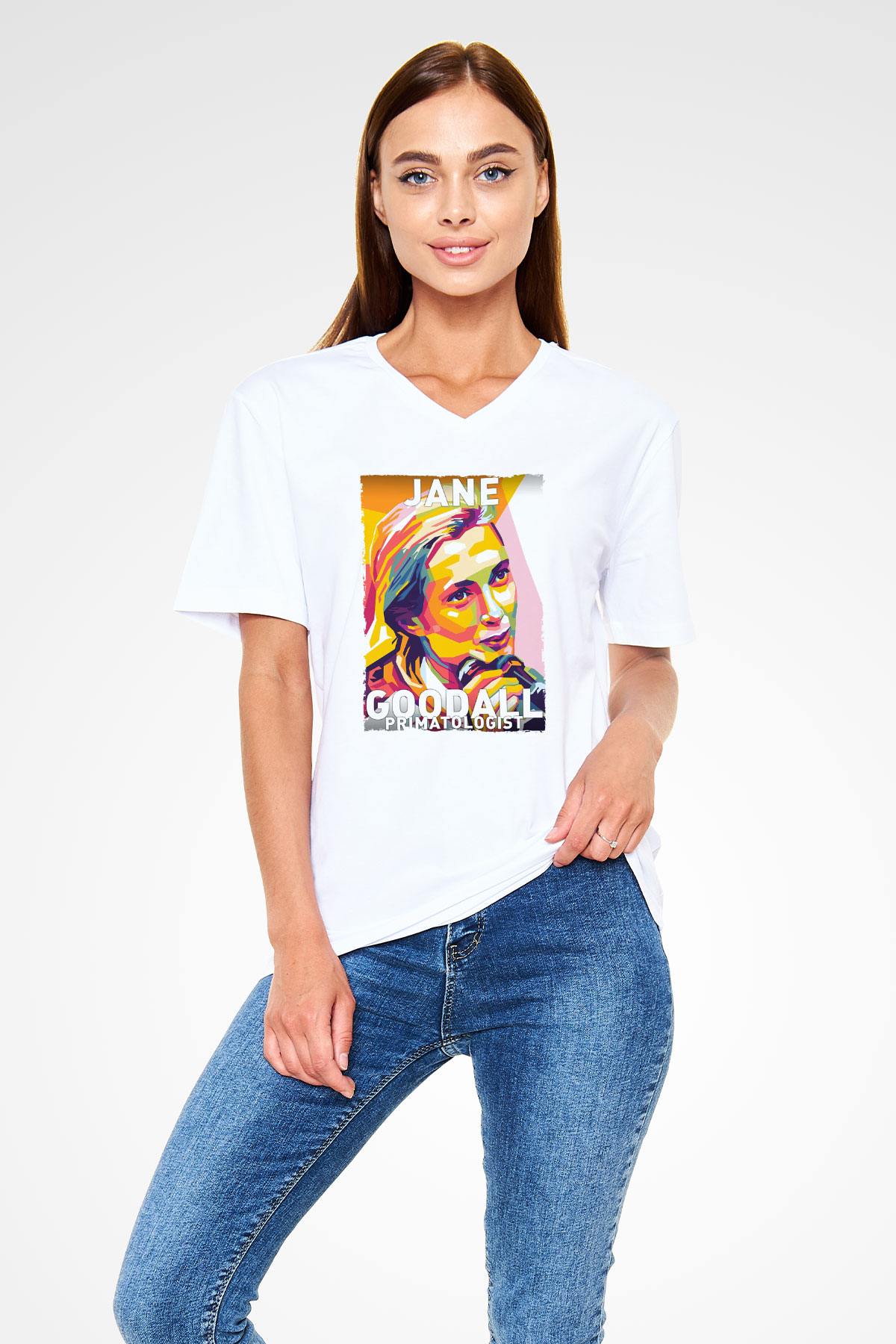 Jane Goodall Baskılı Unisex V Yaka Beyaz Tişört - Tshirt