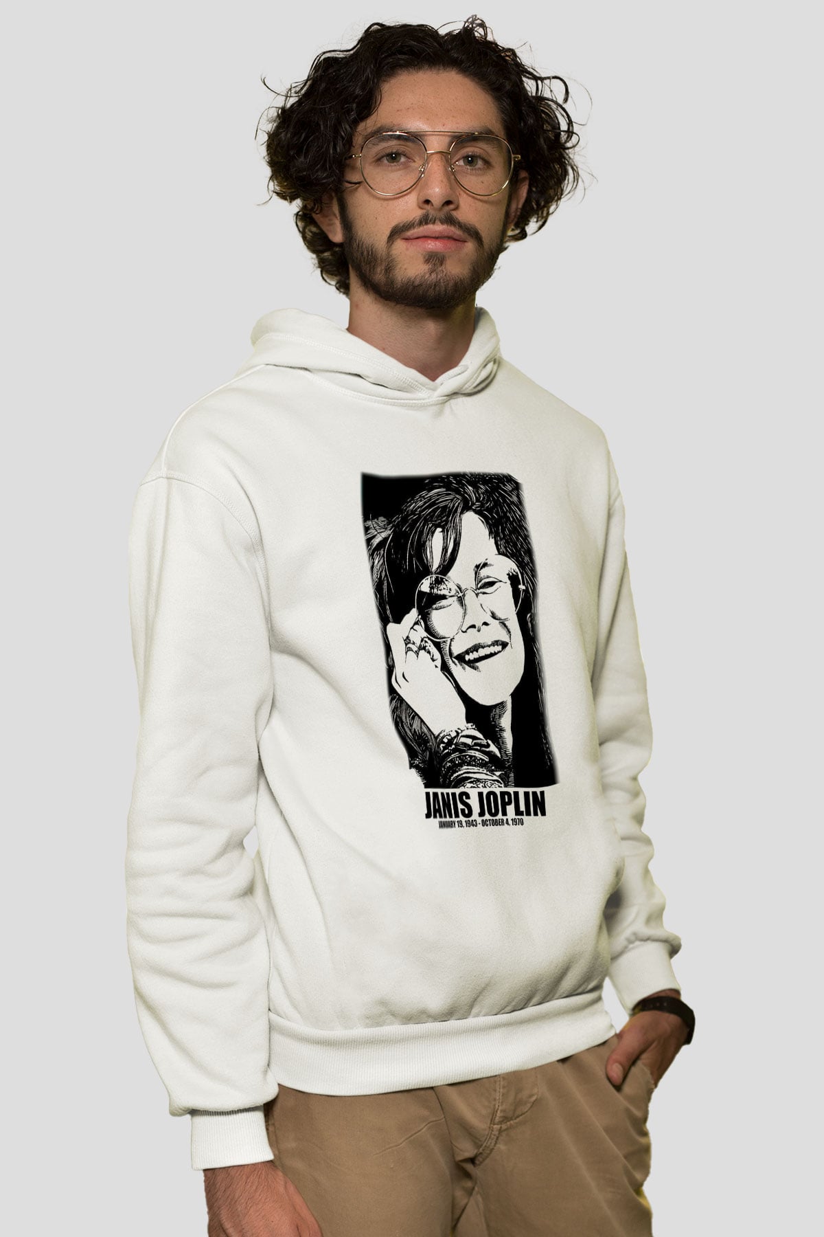 Janis Joplin Beyaz Unisex Kapşonlu Sweatshirt