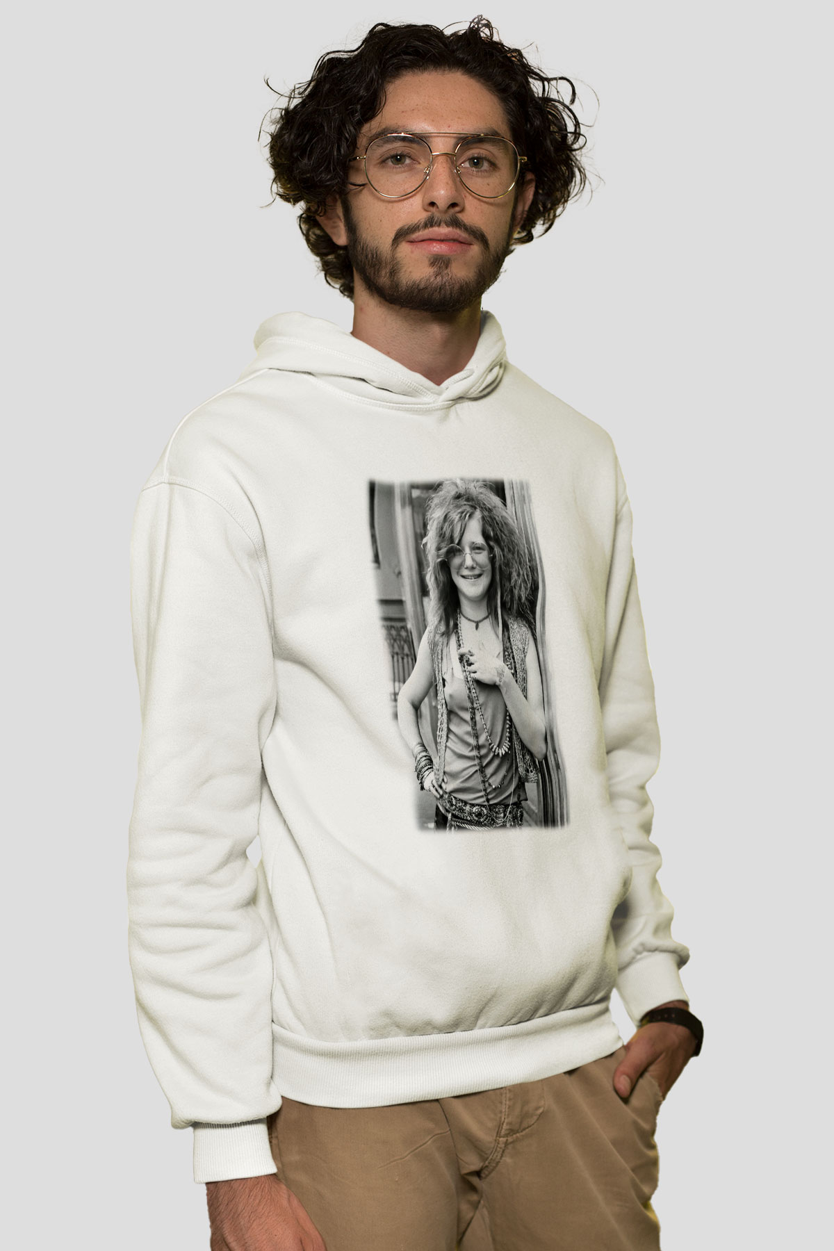 Janis Joplin Beyaz Unisex Kapşonlu Sweatshirt