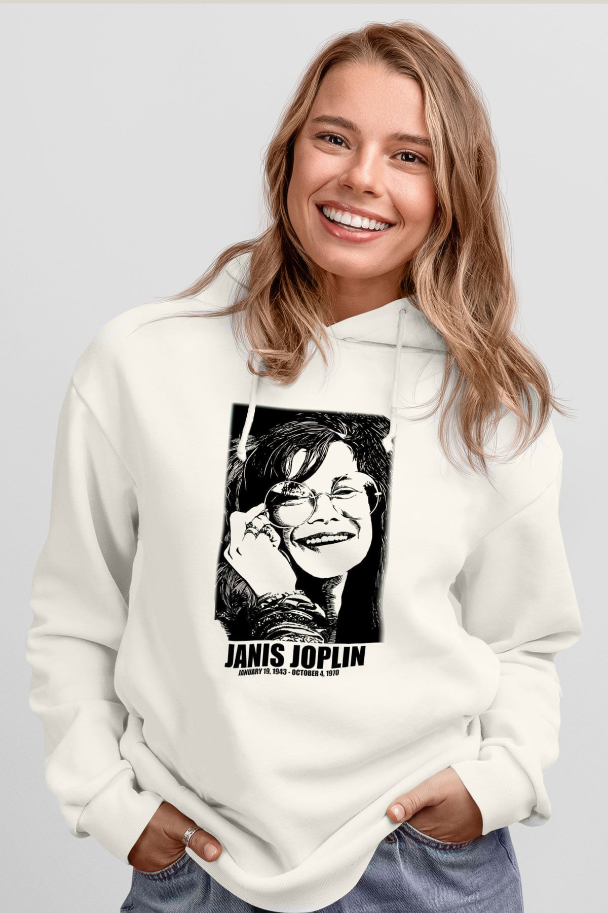 Janis Joplin Beyaz Unisex Kapşonlu Sweatshirt