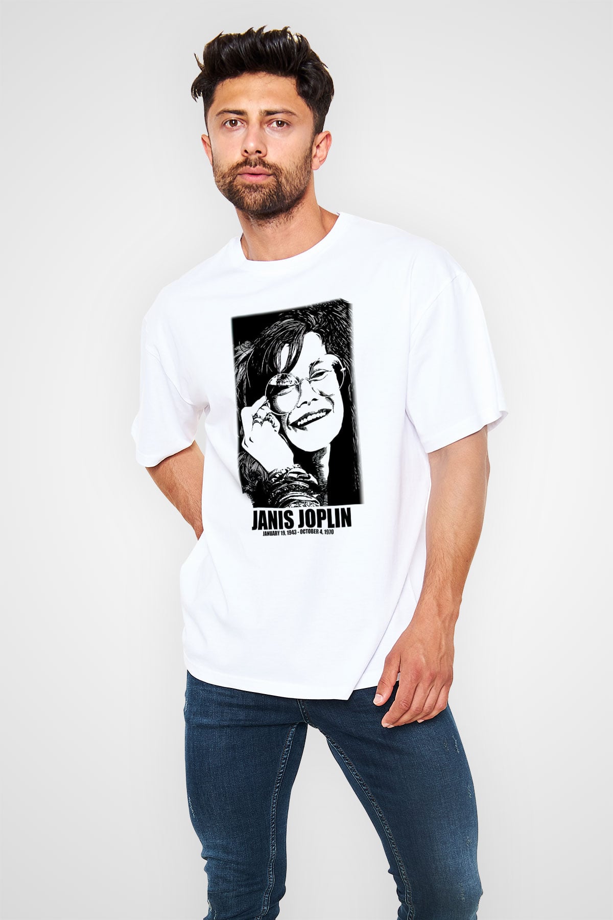 Janis Joplin Beyaz Unisex Oversize Tişört T-Shirt