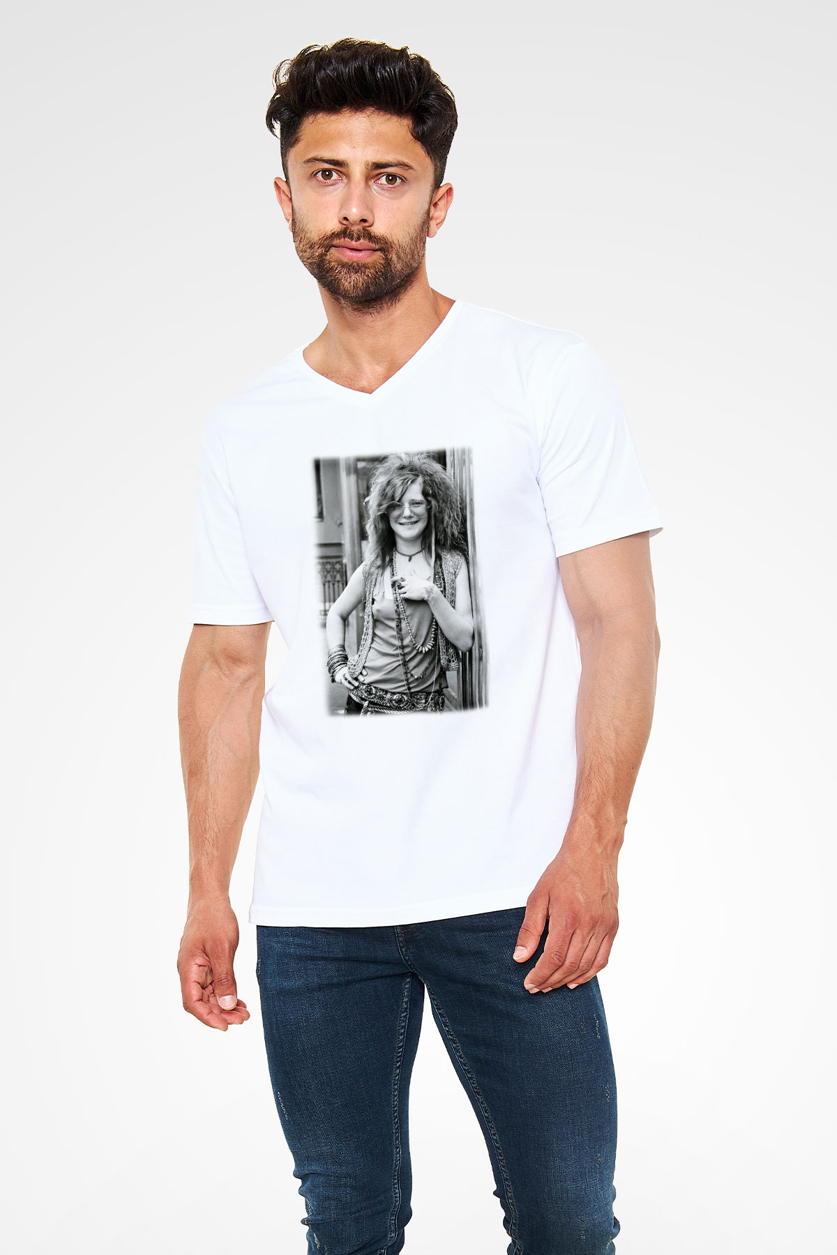 Janis Joplin Beyaz Unisex V Yaka Tişört T-Shirt