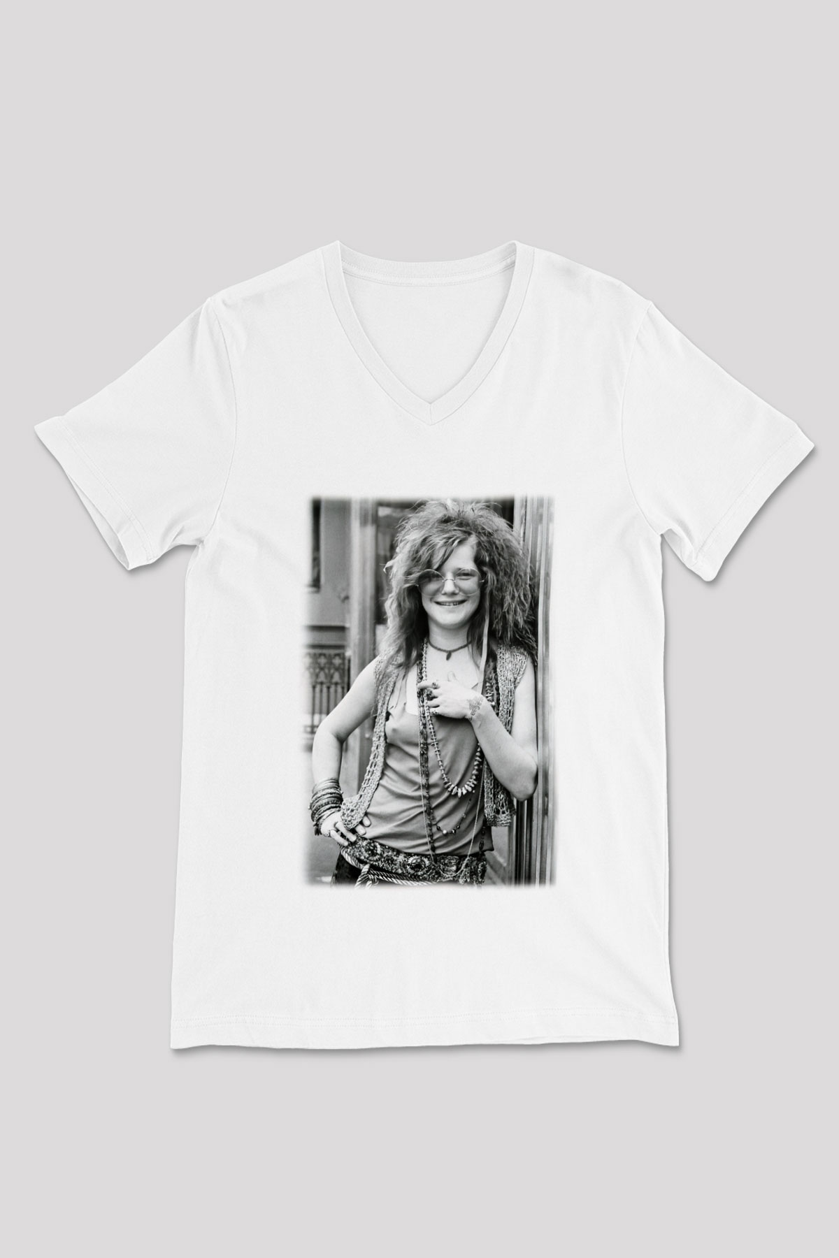 Janis Joplin Beyaz Unisex V Yaka Tişört T-Shirt