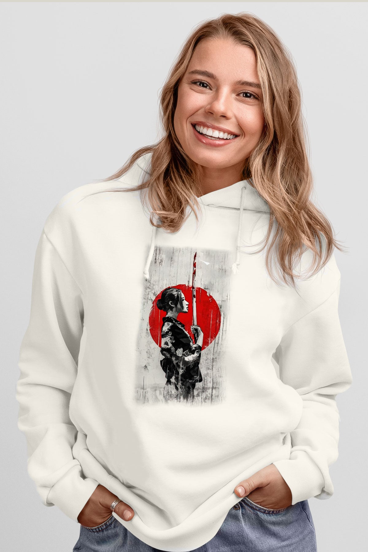 Japonya Beyaz Unisex Kapşonlu Sweatshirt
