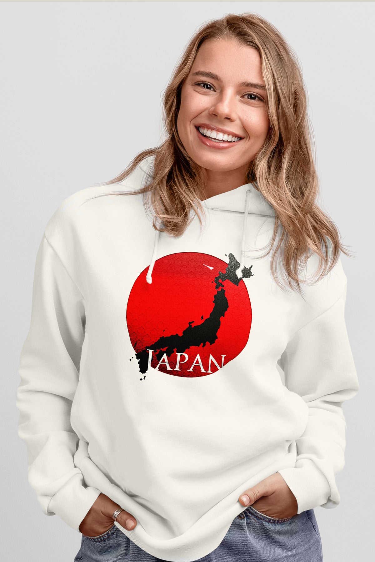 Japonya Beyaz Unisex Kapşonlu Sweatshirt