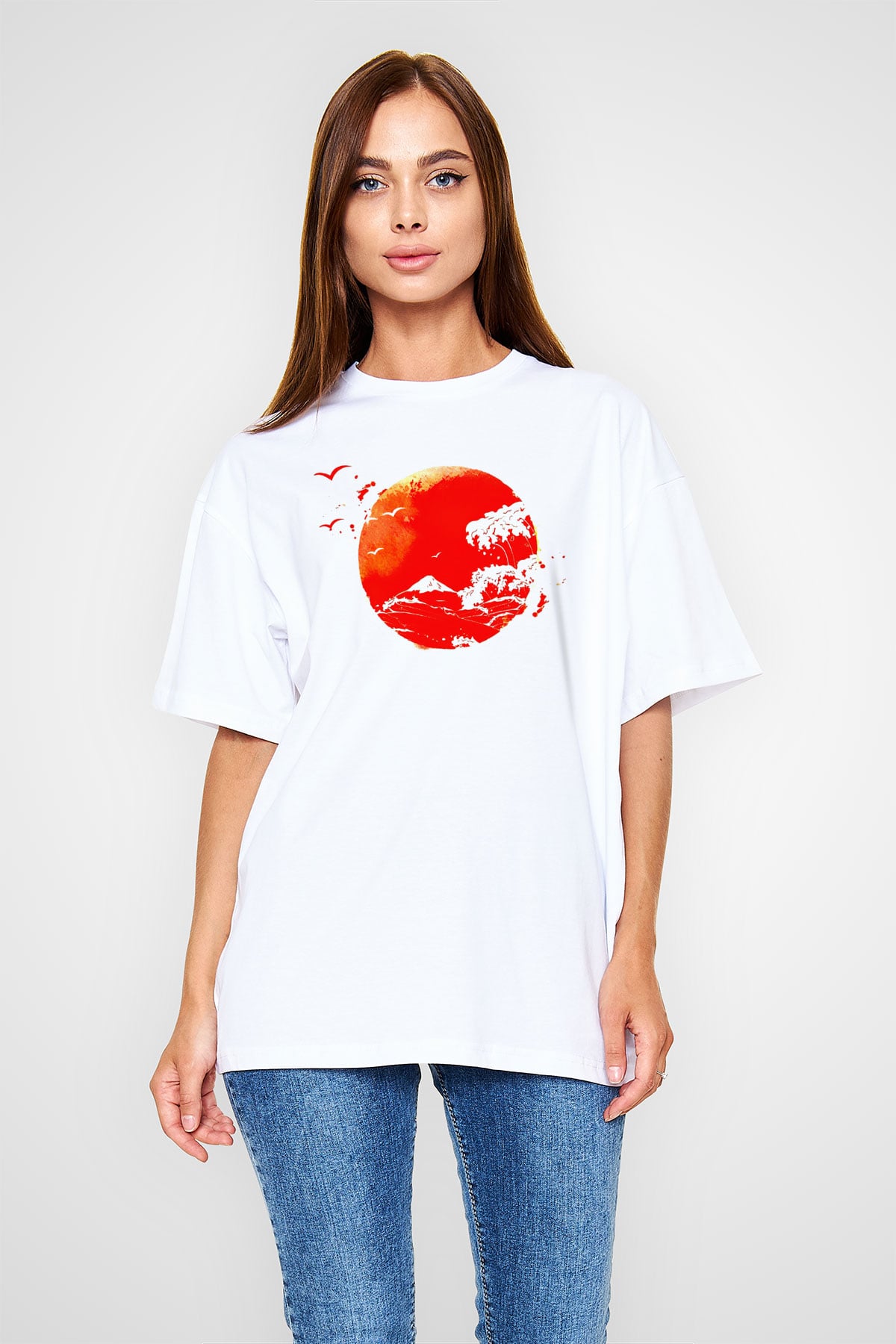 Japonya Beyaz Unisex Oversize Tişört T-Shirt