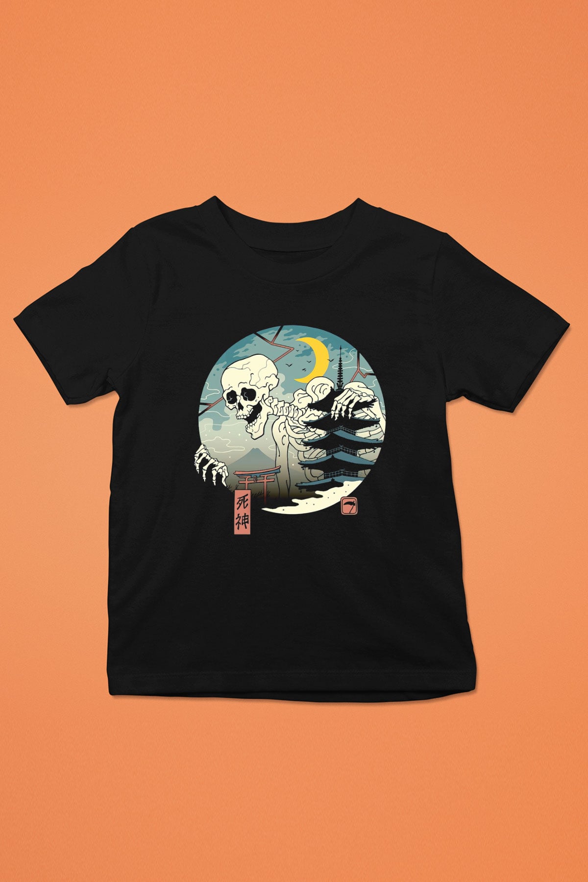 Japonya İskelet Baskılı Unisex Siyah  Çocuk Tişört