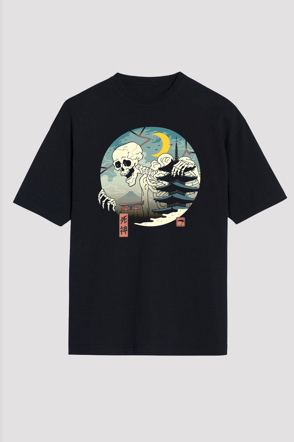 Japonya İskelet Baskılı Unisex Siyah Tişört