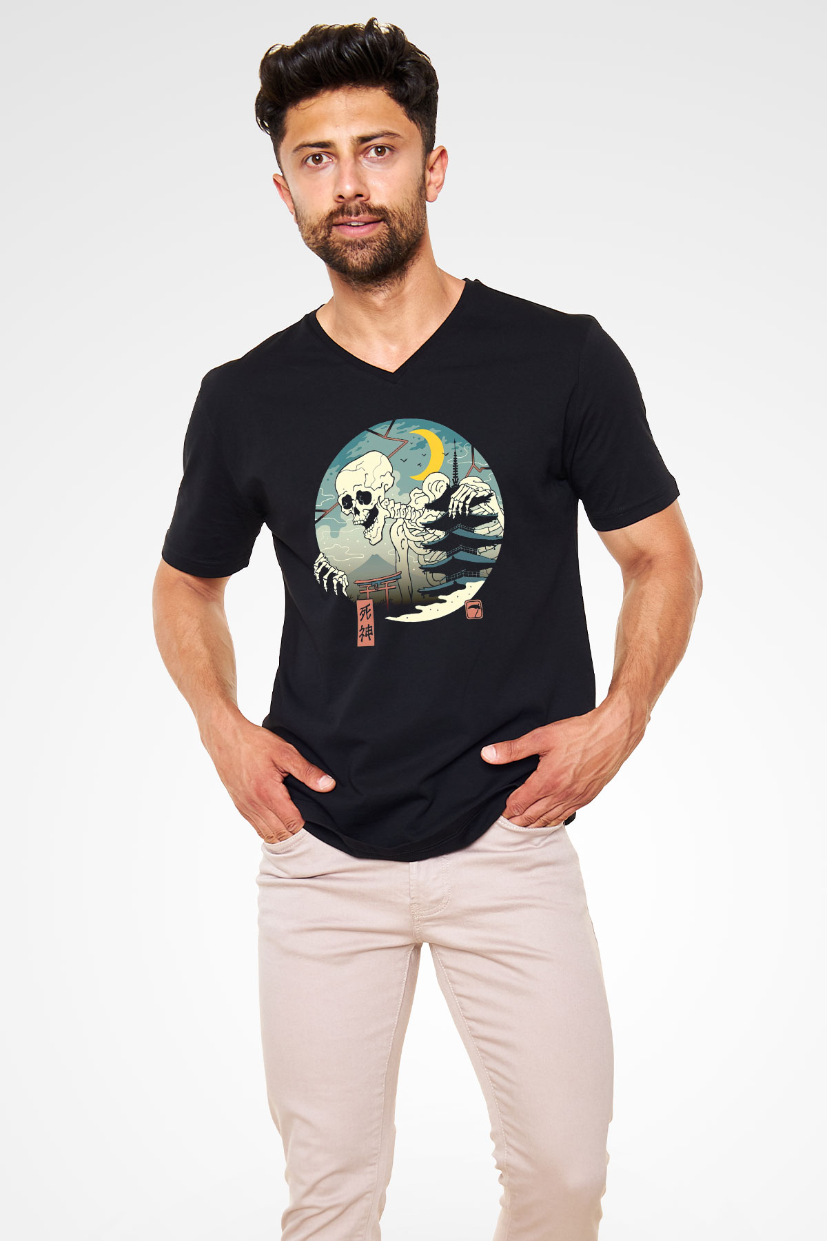 Japonya İskelet Baskılı Unisex Siyah  V Yaka Tişört