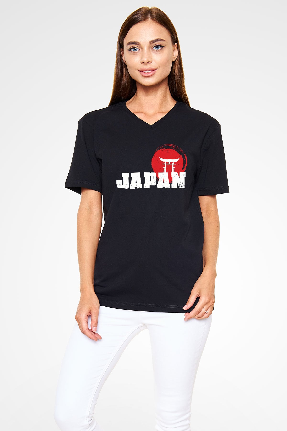 Japonya Siyah Unisex V Yaka Tişört
