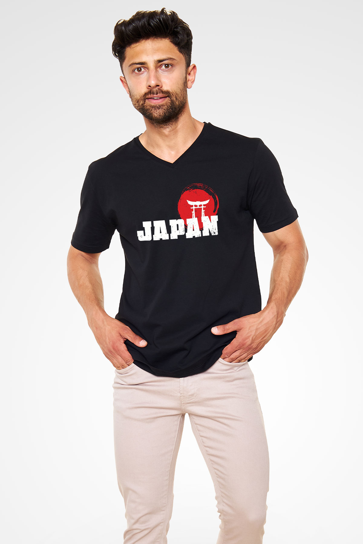 Japonya Siyah Unisex V Yaka Tişört