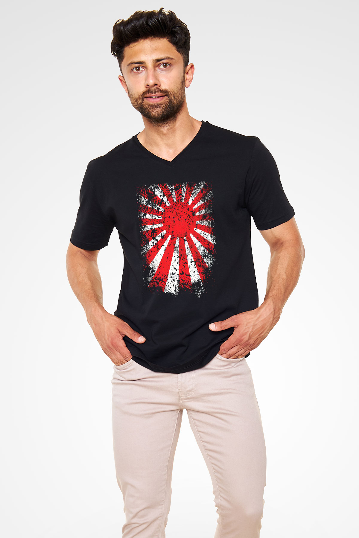 Japonya Siyah Unisex V Yaka Tişört