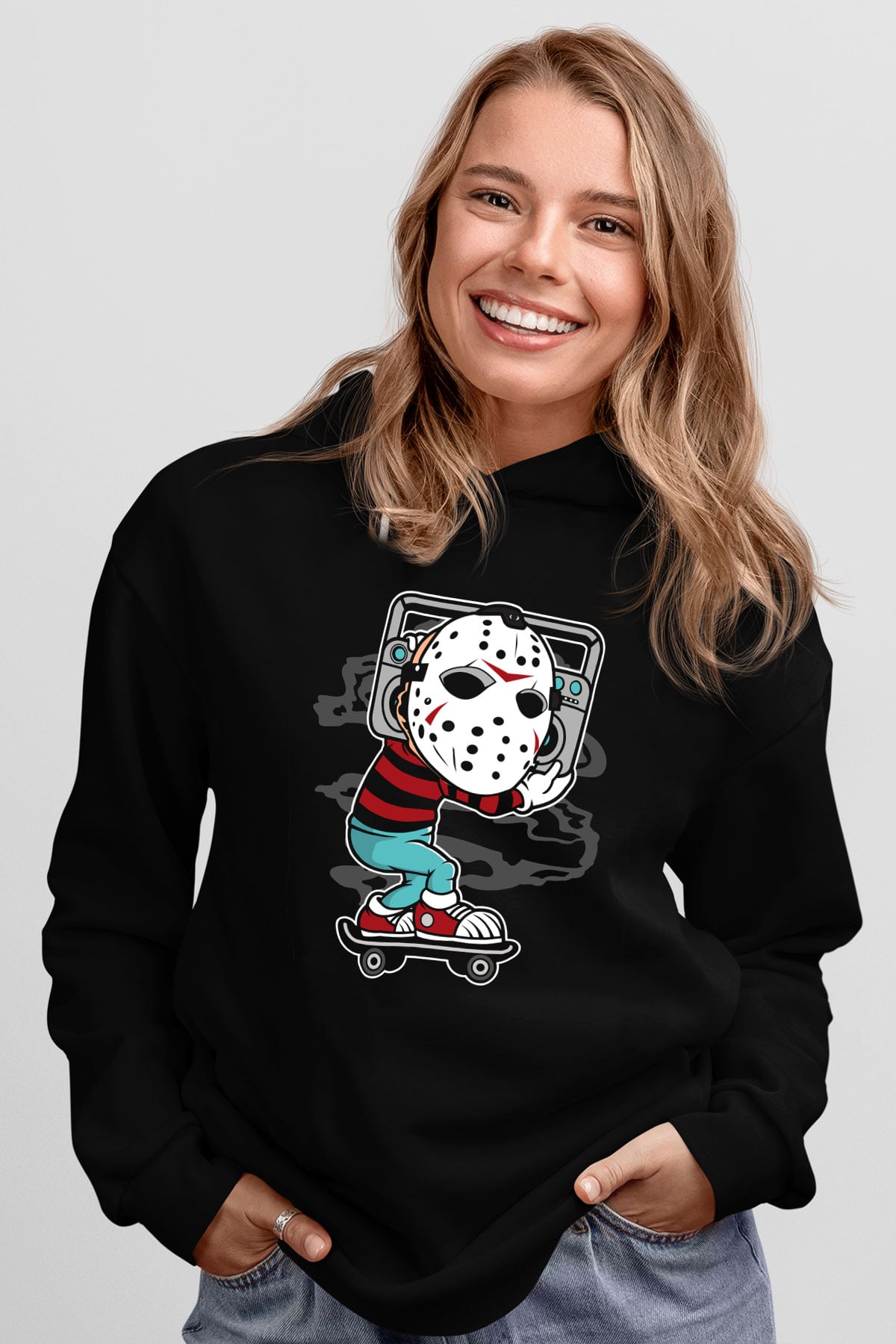 Jason Boombox Baskılı Unisex Siyah Hoodie