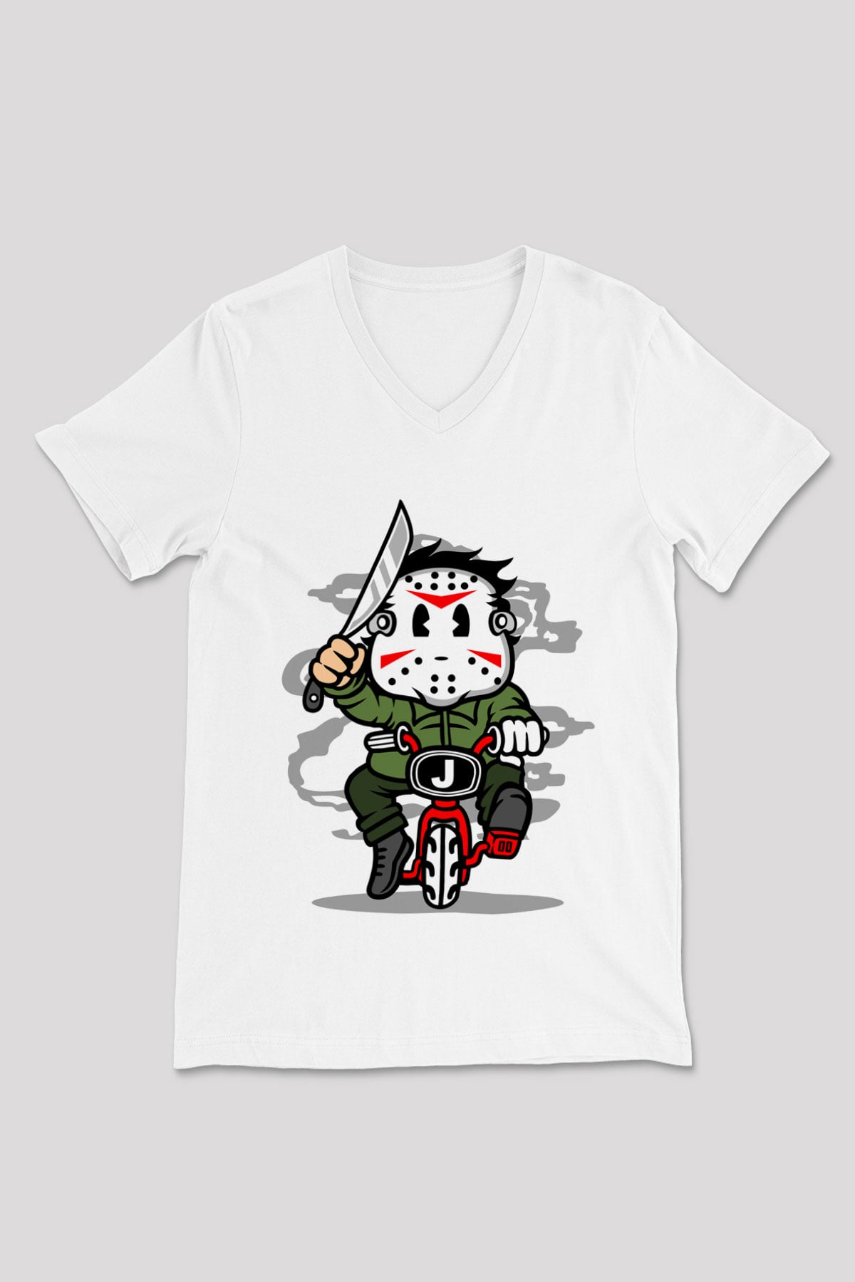 Jason Minibike Baskılı Unisex Beyaz V Yaka Tişört