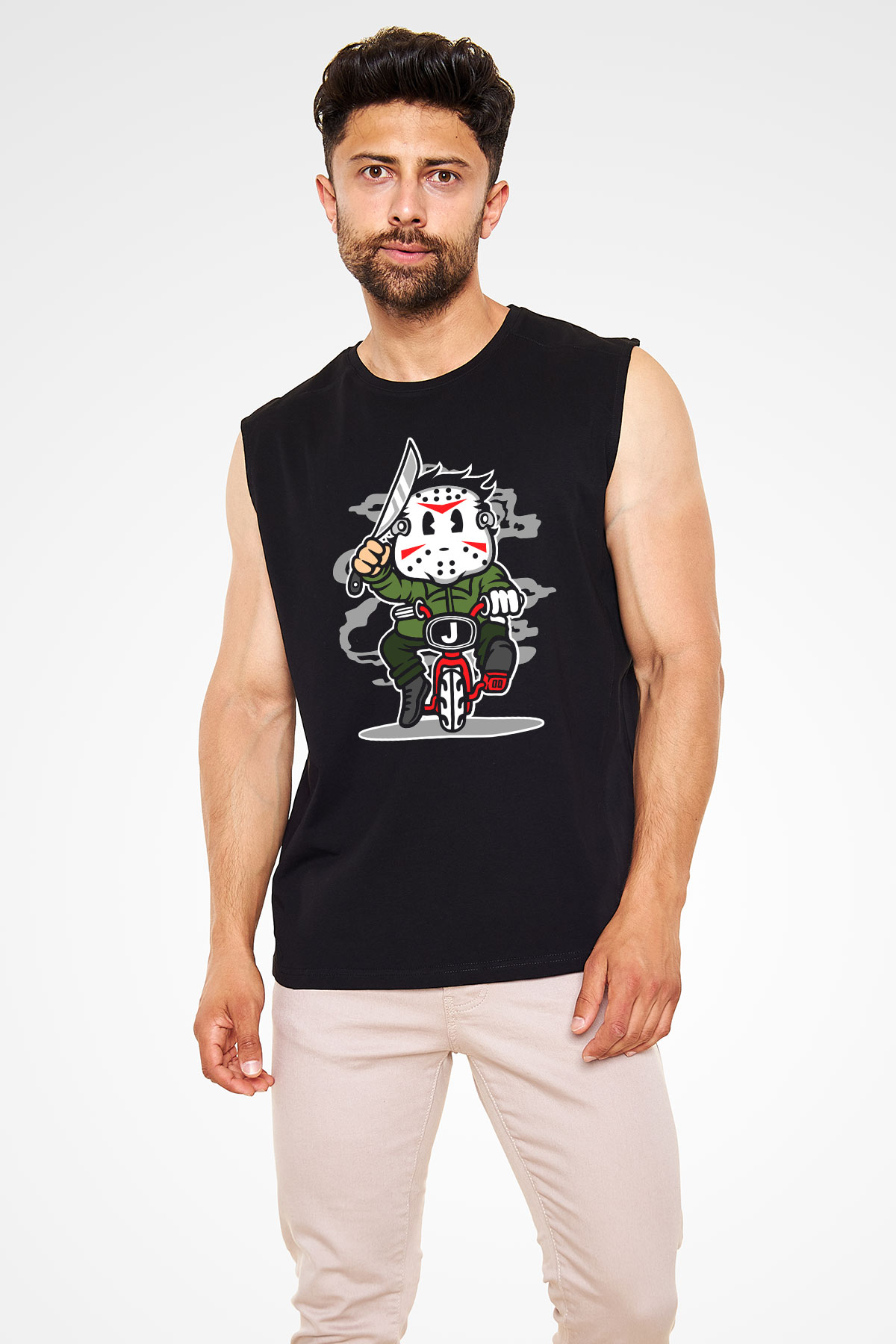 Jason Minibike Baskılı Unisex Siyah Kolsuz Tişört