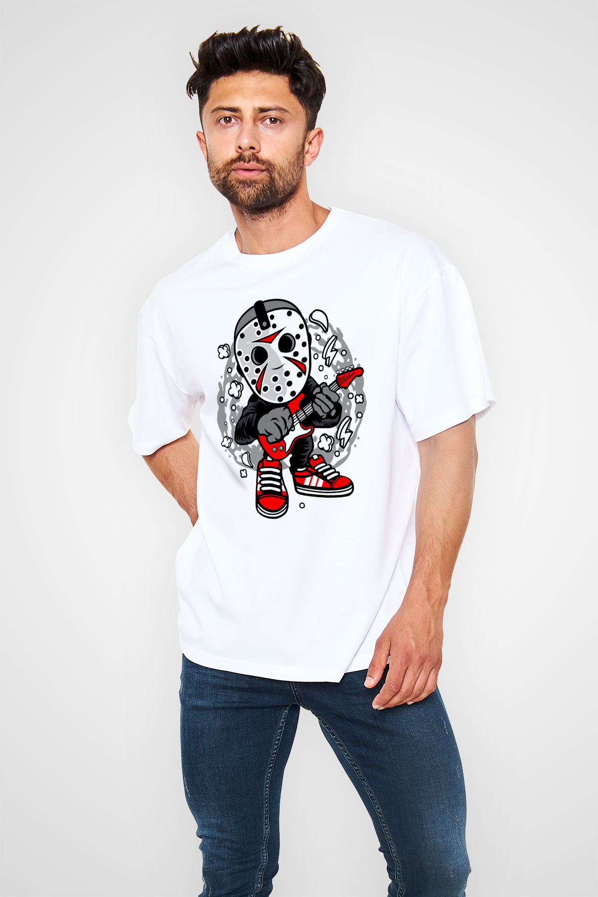 Jason Rockstar Baskılı Unisex Beyaz Oversize Tişört