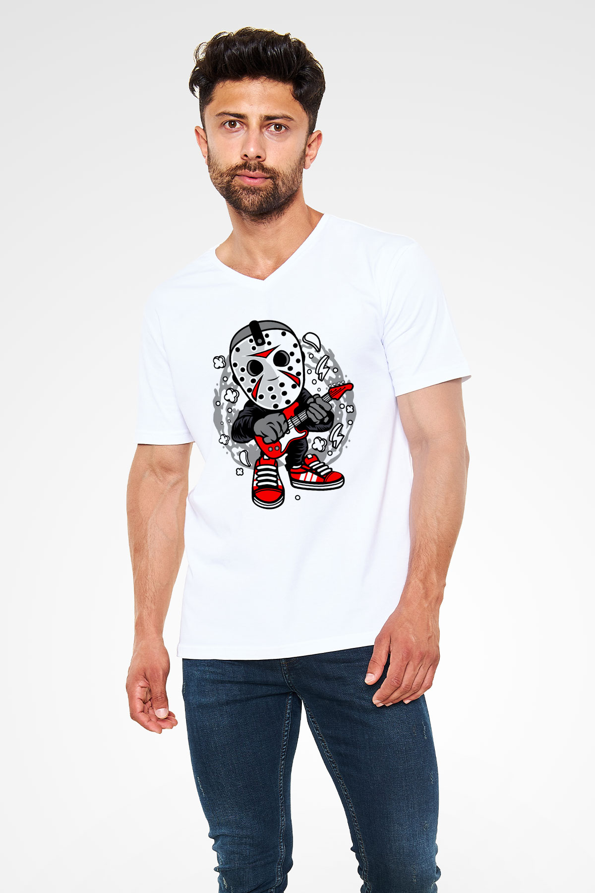 Jason Rockstar Baskılı Unisex Beyaz V Yaka Tişört